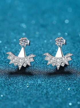 s925银镀18K金耳钉雪花镀PT950铂金耳饰微镶碎石89.4分莫桑石耳环