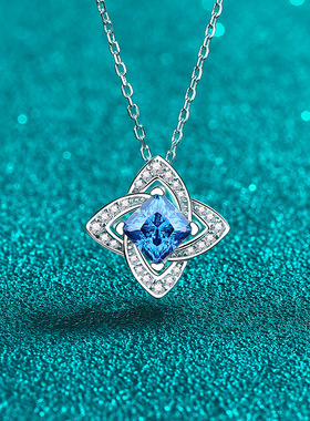 s925纯银镀18K吊坠宝蓝色莫桑石项链四叶正方项链轻奢镀PT950铂金