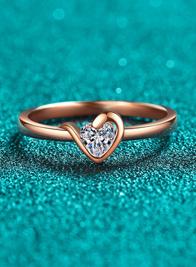 S925纯银镀18K金莫桑石香槟金戒指女爱心异形简约款镀PT950 铂金
