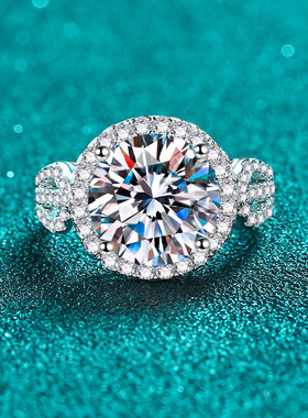 s925银镀18K金5克拉圆包莫桑石戒指优雅高级款镀PT950 铂金订婚戒