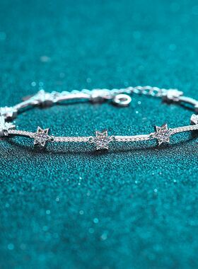 S925银镀18K金钻石女手环微镶1克拉莫桑石手链首饰简约PT950铂金