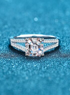 s925银镀18K金女微镶碎石阿斯切2克拉四爪莫桑石戒指镀PT950 铂金