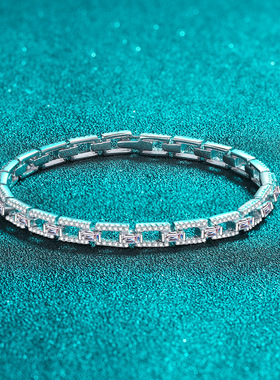 925纯银镀18K金D色莫桑钻手链女群镶莫桑石手镯镀pt950铂金镯子