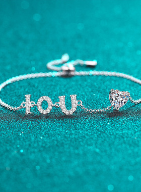 925纯银镀18K金手链女love情人节推拉可调节镀pt950铂金莫桑钻