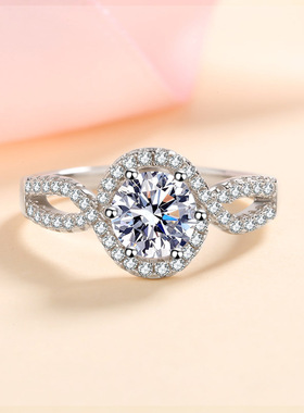 s925银镀18K金戒指扭臂圆包莫桑石指环轻奢个性pt950铂金饰品礼品