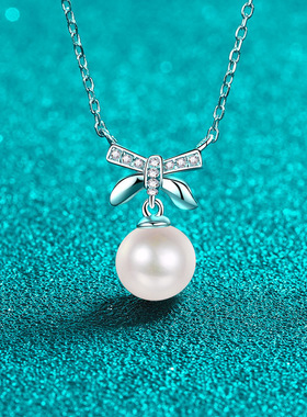 s925银镀18K金莫桑钻珍珠项链蝴蝶结甜美吊坠镀PT950 铂金锁骨链
