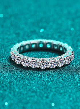 s925银镀18K金戒指女群镶莫桑石指环镀pt950铂金结婚礼物轻奢饰品