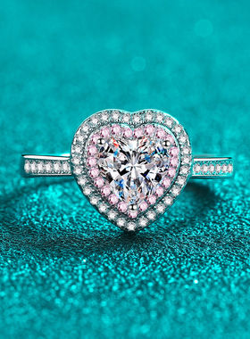 s925银镀18K金心心相印女1克拉心形莫桑石镀PT950 铂金气质戒指