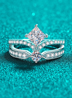 s925银镀18K金皇冠戒指 莫桑石指环镀pt950铂金简约大气节日礼物