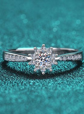 s925银镀18K金戒指女镶嵌莫桑石介子镀pt950铂金莫桑钻求结婚指环