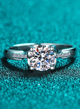 s925银镀18K金戒指女镀pt950铂金个性时尚1克拉莫桑石戒指礼物