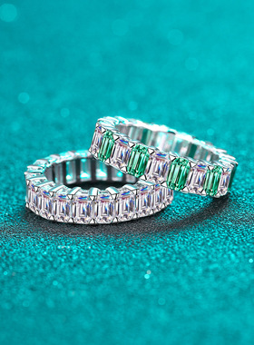 s925银镀18K金手饰女镀pt950铂金满圈莫桑石戒指绿白相间时尚指环