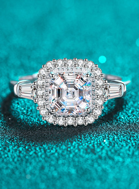 s925银镀18K金戒指女阿斯切2克拉莫桑石指环镀pt950铂金轻奢饰品