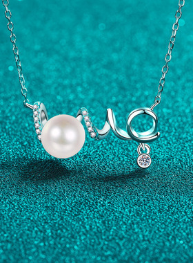 s925银镀18K金莫桑钻珍珠项链LOVE吊坠镀PT950铂金小众锁骨链简约