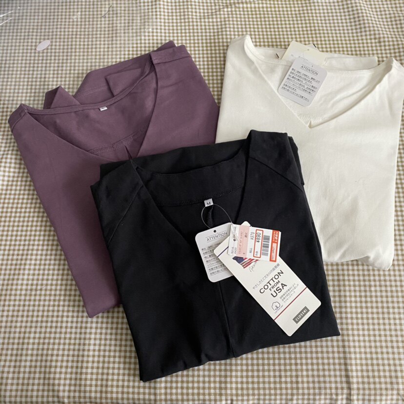 兔子家原D日系女款纯棉短袖Y恤内搭外穿背心V领秀气宽松上衣