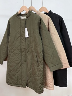 原单外贸出口日单冬季女士棉衣棉服中长款菱形格立领纯色棉衣棉服