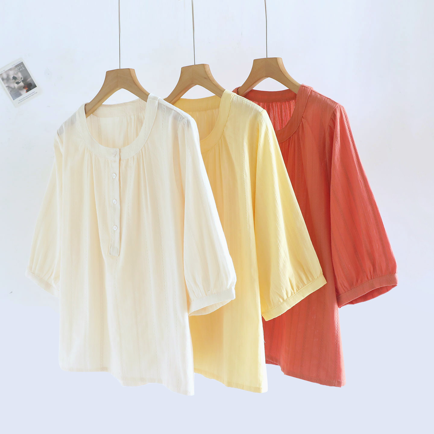 日系女款纯棉提花五分袖短袖衬衫圆领宽松休闲百搭休闲上衣