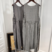 圆领背心裙宽松长款 新款 格子连衣裙麻棉无袖 A字裙子叠穿连衣裙