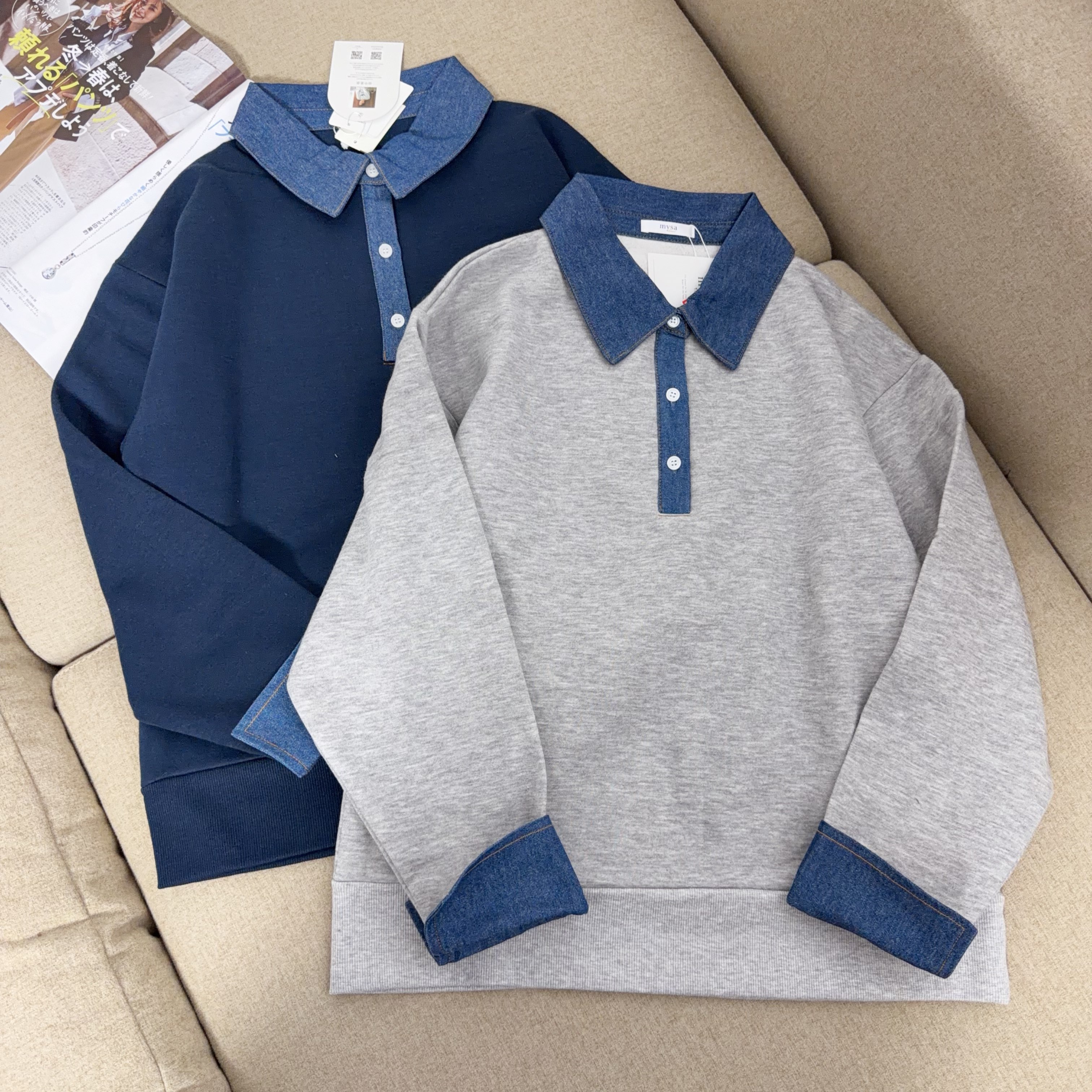 外贸日系牛仔拼接翻领Polo卫衣女加绒保暖假两件长袖半开扣上衣