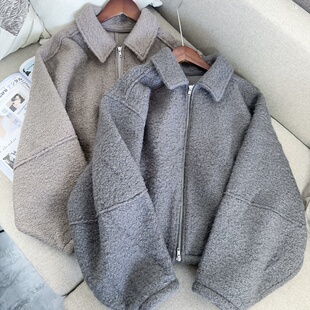 日单秋冬新款翻领毛呢宽松休闲上衣女短款小个子毛呢外套潮