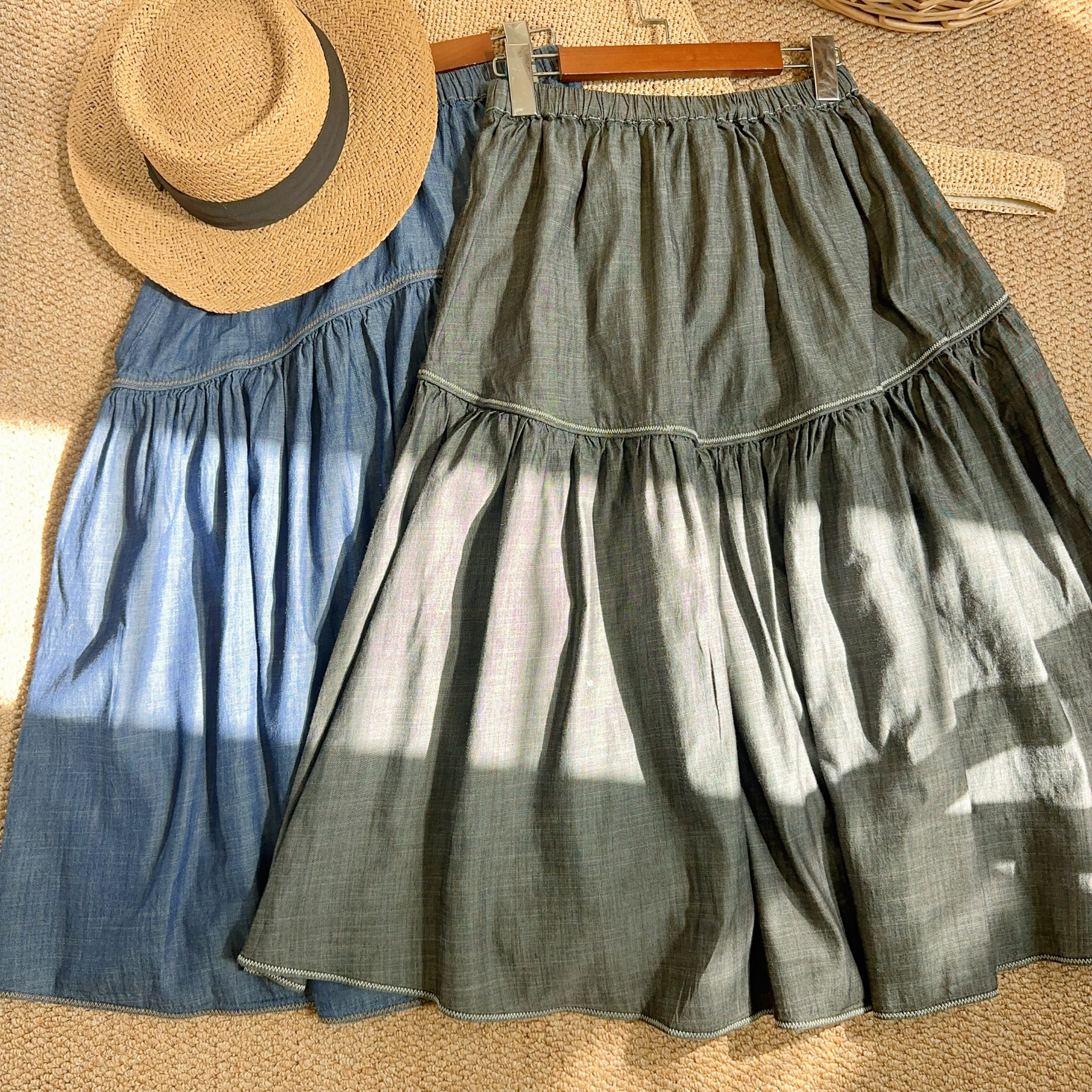 日单2025春夏新品拼接牛仔大摆长裙复古拼接捆边缩褶伞型半身裙