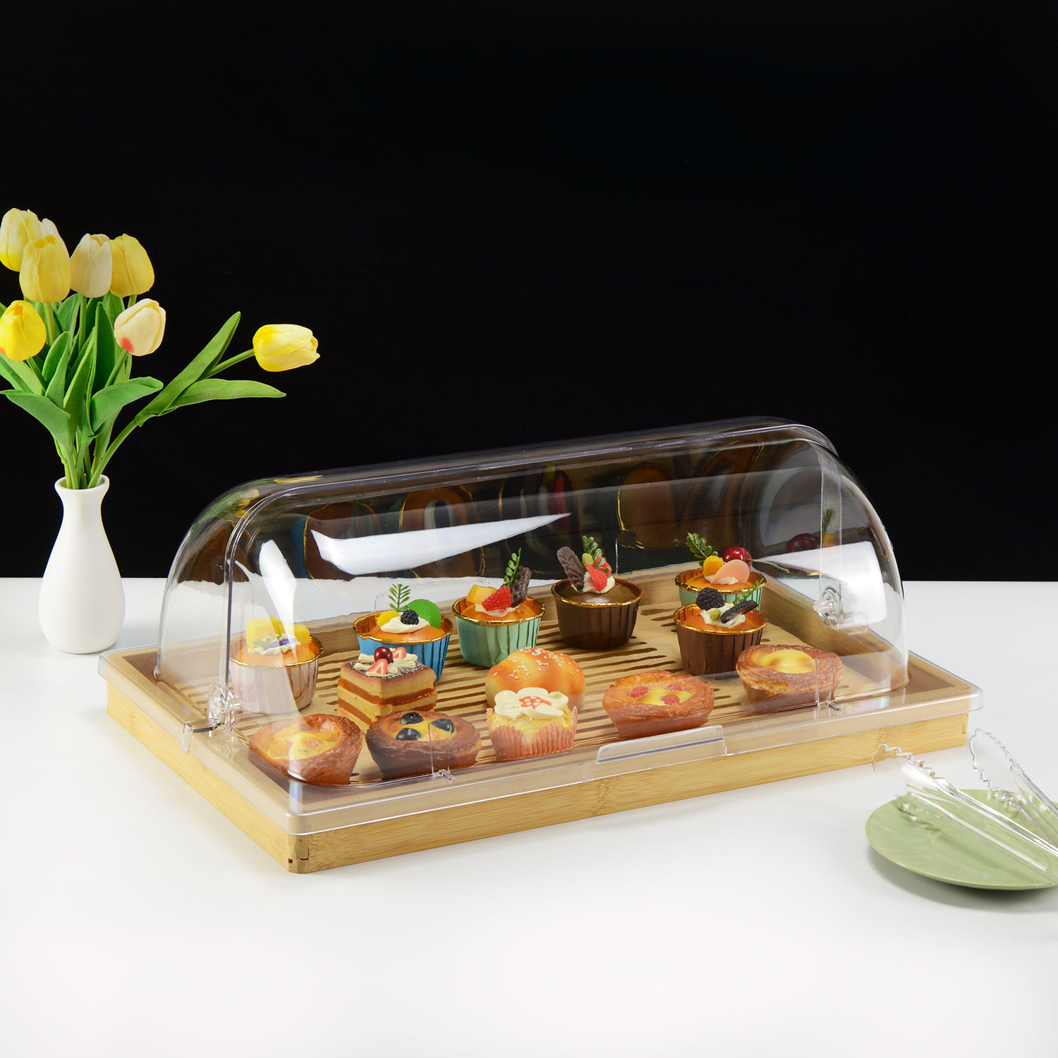 长方形竹木展示盘带防尘罩翻盖面包蛋糕点心托盘烘焙甜品台展示架