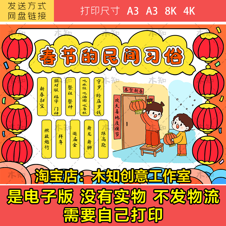 102春节习俗手抄报春节传统习俗模板电子版小学生虎年贴对联手抄