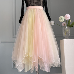 2024春夏神仙配色重工纱裙温柔奶油风梦幻仙气半身裙长纱裙不规则