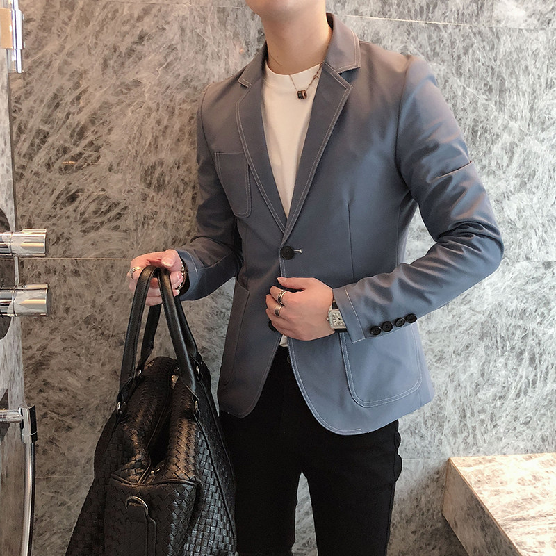 春款新款休闲西服单西韩版修身青年西装英伦百搭辑明线潮流外套男