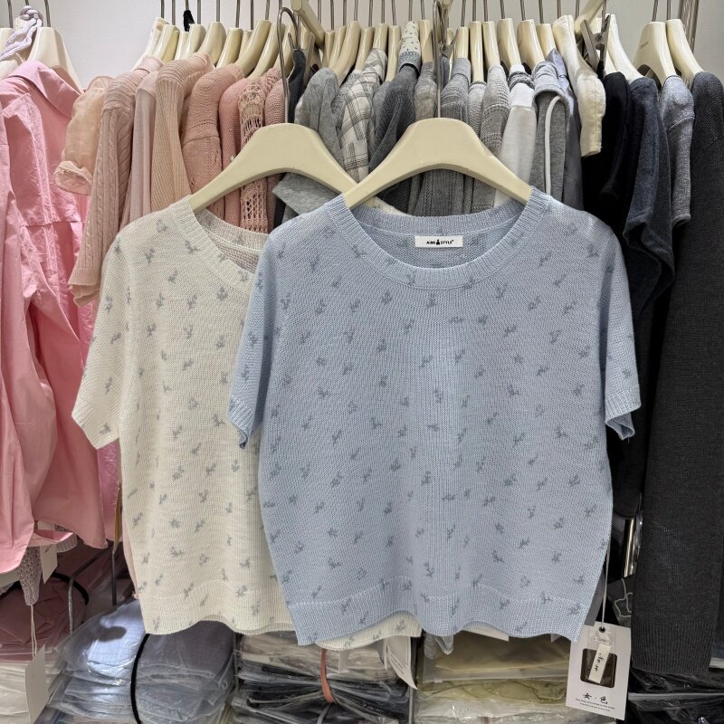 韩系碎花正肩短袖针织衫女26春夏款小个子显瘦宽松套头上衣32235