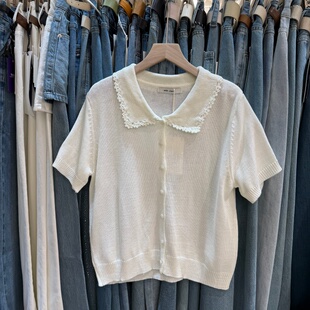 小香风蕾丝边polo领短袖针织开衫女夏季新款软糯白色短款上衣5400