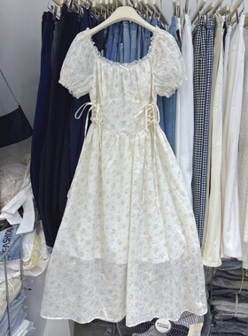 法式温柔风绝美碎花短袖连衣裙女高级感绑带收腰显瘦A字长裙3013