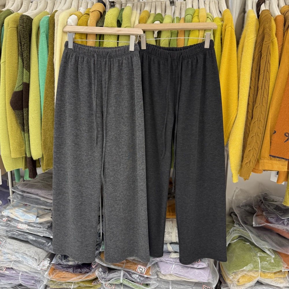 韩系加绒小个子松紧腰阔腿裤百搭宽松慵懒风垂感软糯休闲裤89181