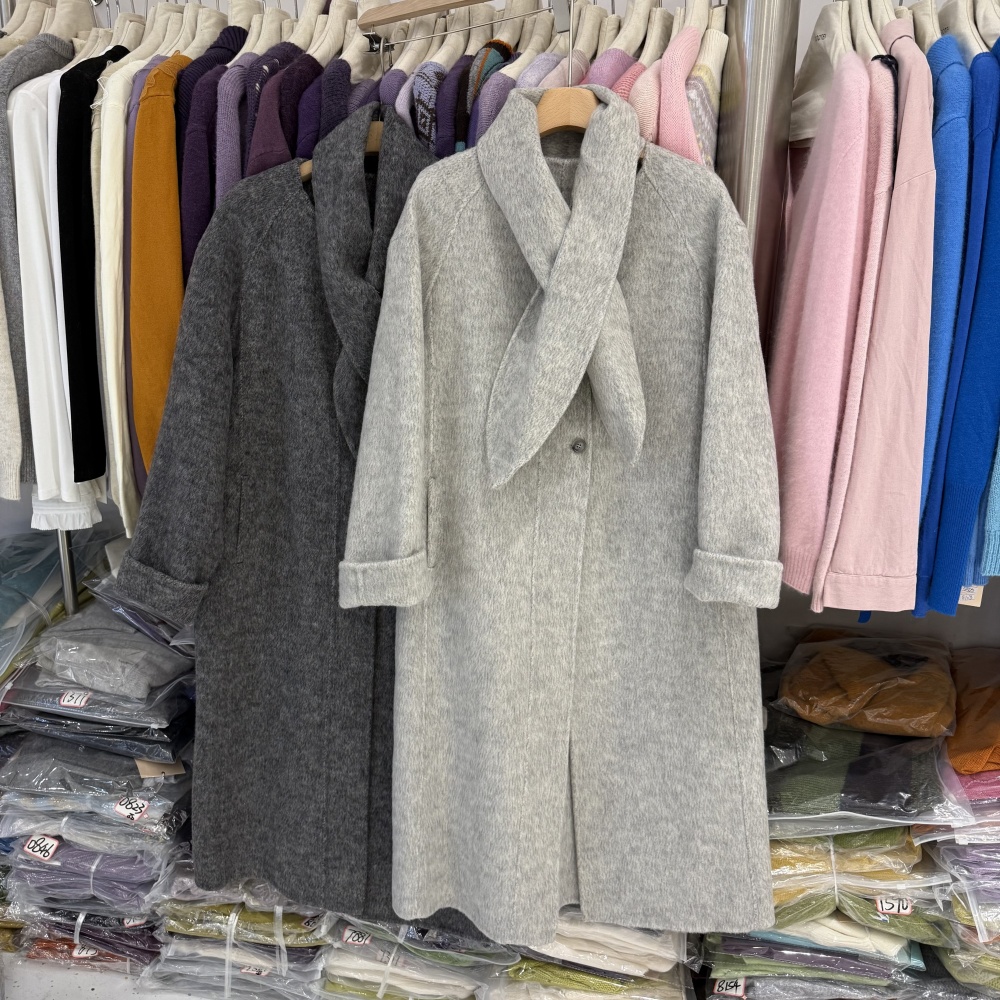 韩系兔耳朵围脖减龄设计感双面羊绒大衣宽松休闲小个子外套女8532