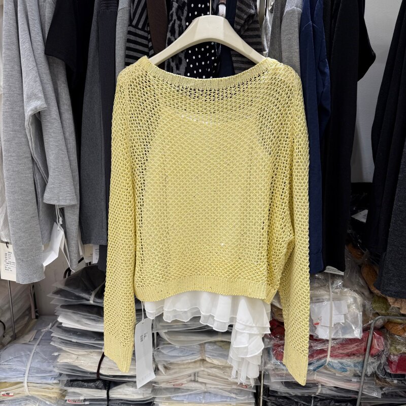 韩系休闲镂空圆领宽松长袖针织罩衫女+荷叶边吊带背心两件套26012