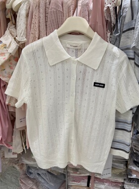 时尚镂空竖条纹短袖针织衫女夏季polo领正肩字母薄款短上衣30643