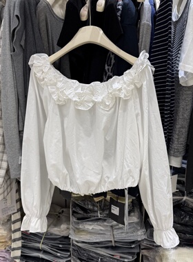 洋气花苞领一字肩衬衫女宽松休闲独特设计感短款上衣长袖衬衣9001