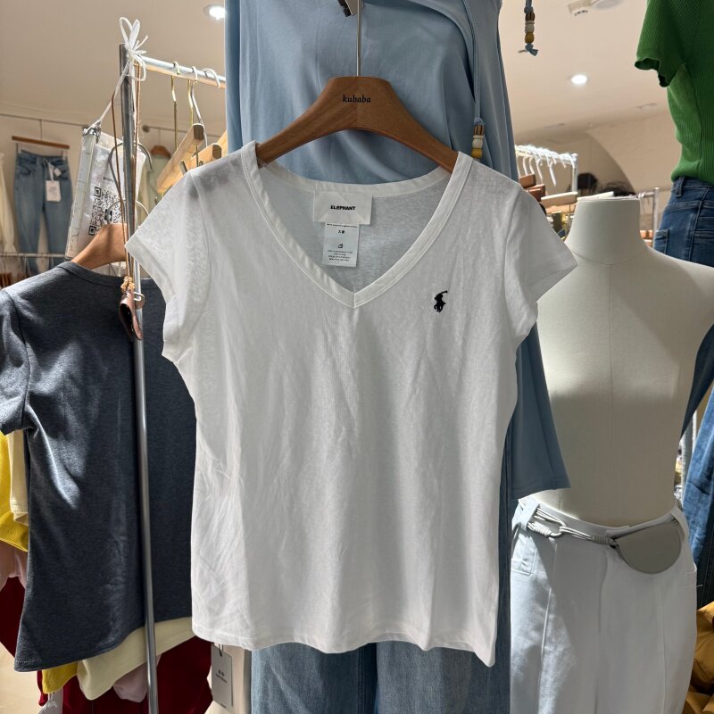 春夏简约百搭刺绣面膜T恤女V领修身显瘦短袖打底衫质棉上衣26337