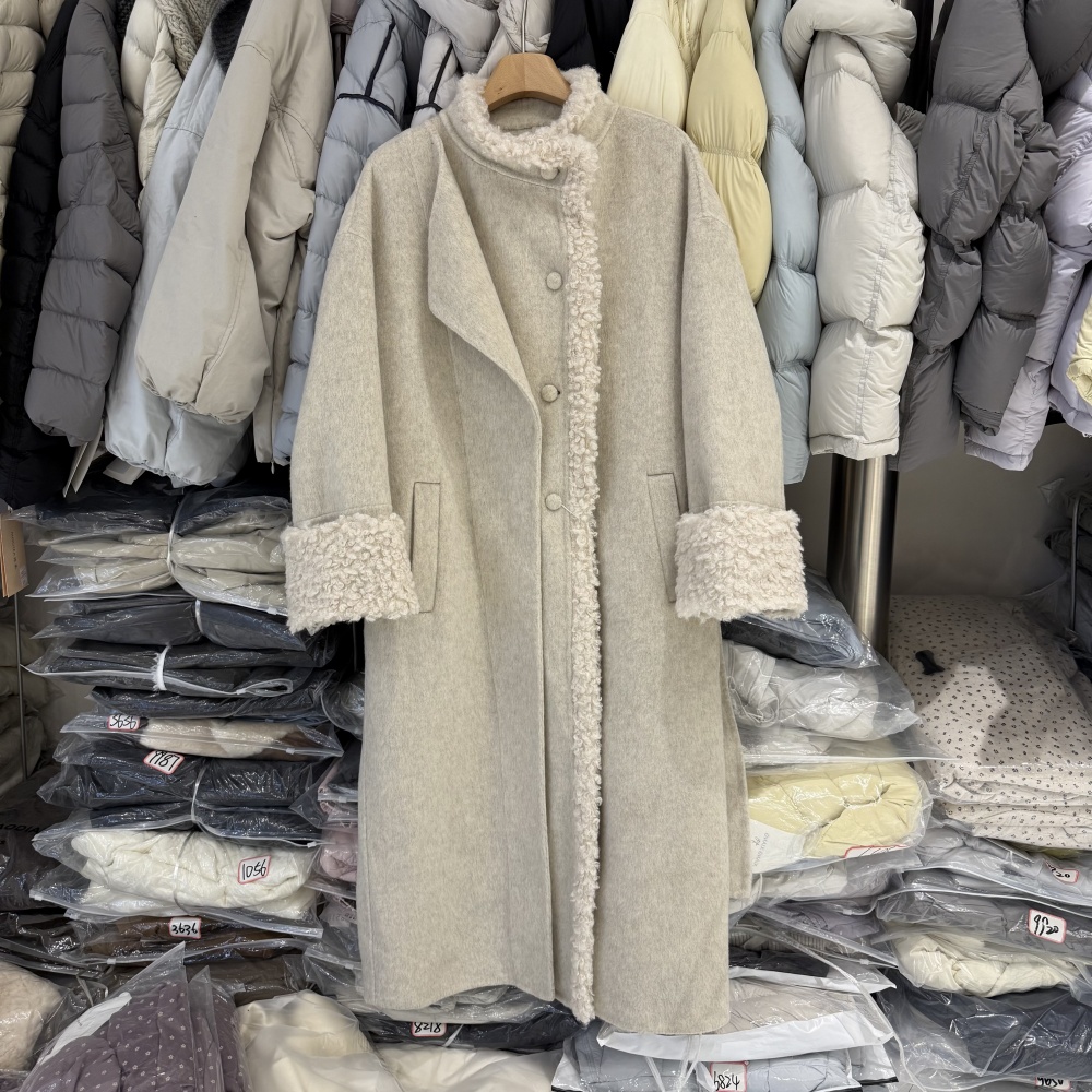 韩系高级感羊羔毛拼接翻领羊绒大衣配腰带宽松保暖毛呢外套MC8858