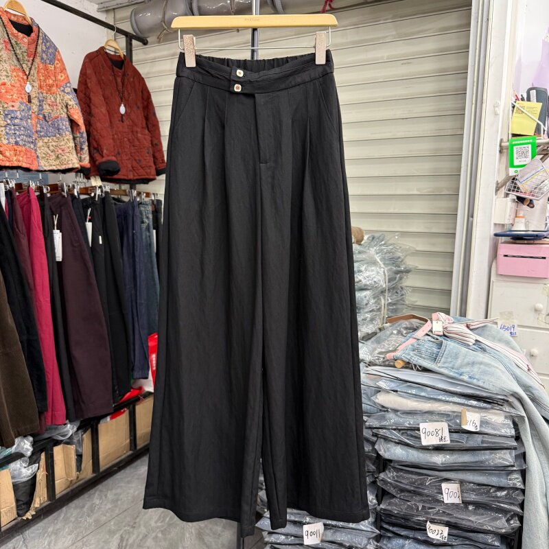 26春夏款显瘦两粒扣垂感阔腿休闲裤女气质高腰宽松直筒长裤006薄
