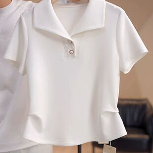 白色Polo领收腰短袖T恤男女2026夏季新款法式气质小衫翻领时尚T恤