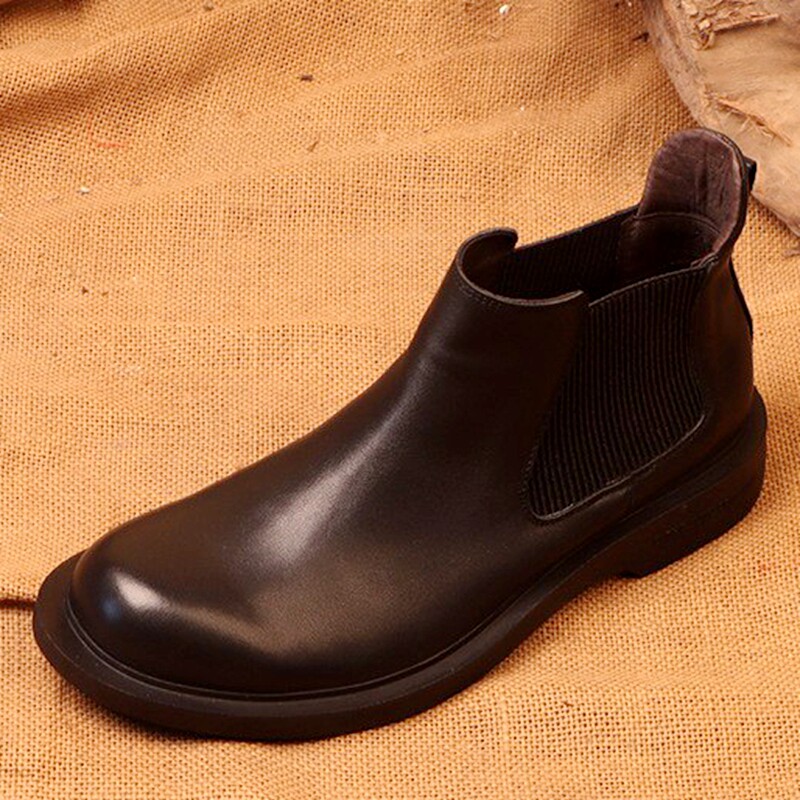 EUROPEAN HANDMADE LEATHER CHELSEA BOOTS COWHIDE SLIP FEET ROUND TOE PLATFORM SOLES 36-47 PLUS SIZE SOFT LEATHER MENS SHOES