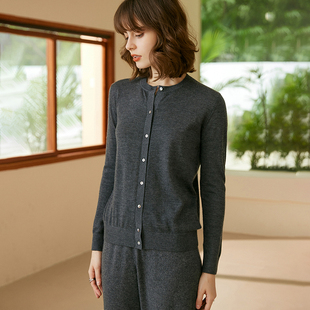 精纺羊绒开衫 针织外套 圆领女系扣毛衣100山羊绒长袖