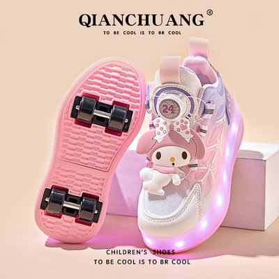 可爱美乐蒂女童四轮暴走鞋儿童运动两穿轮滑鞋女孩网面透气溜冰鞋