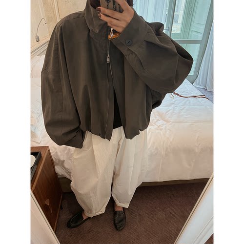 MOERSHOP 帅意正浓 莫兰迪灰墨色美式复古短款夹克外套设计感上衣