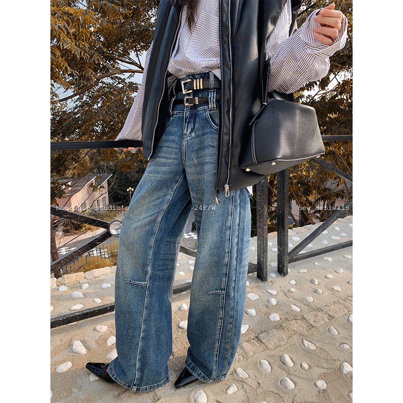MOERSHOP 神级单宁 重工立裁双腰头牛仔裤女设计感高腰阔腿长裤子