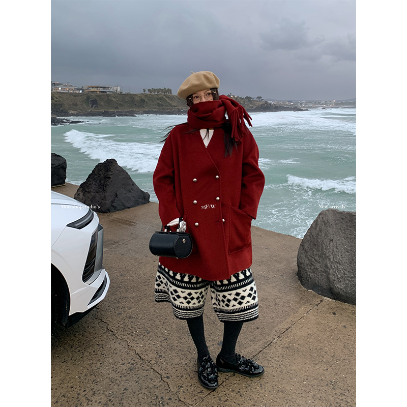 Moershop 伦敦往事 红色羊毛西装外套女冬季宽松西服围巾两件套