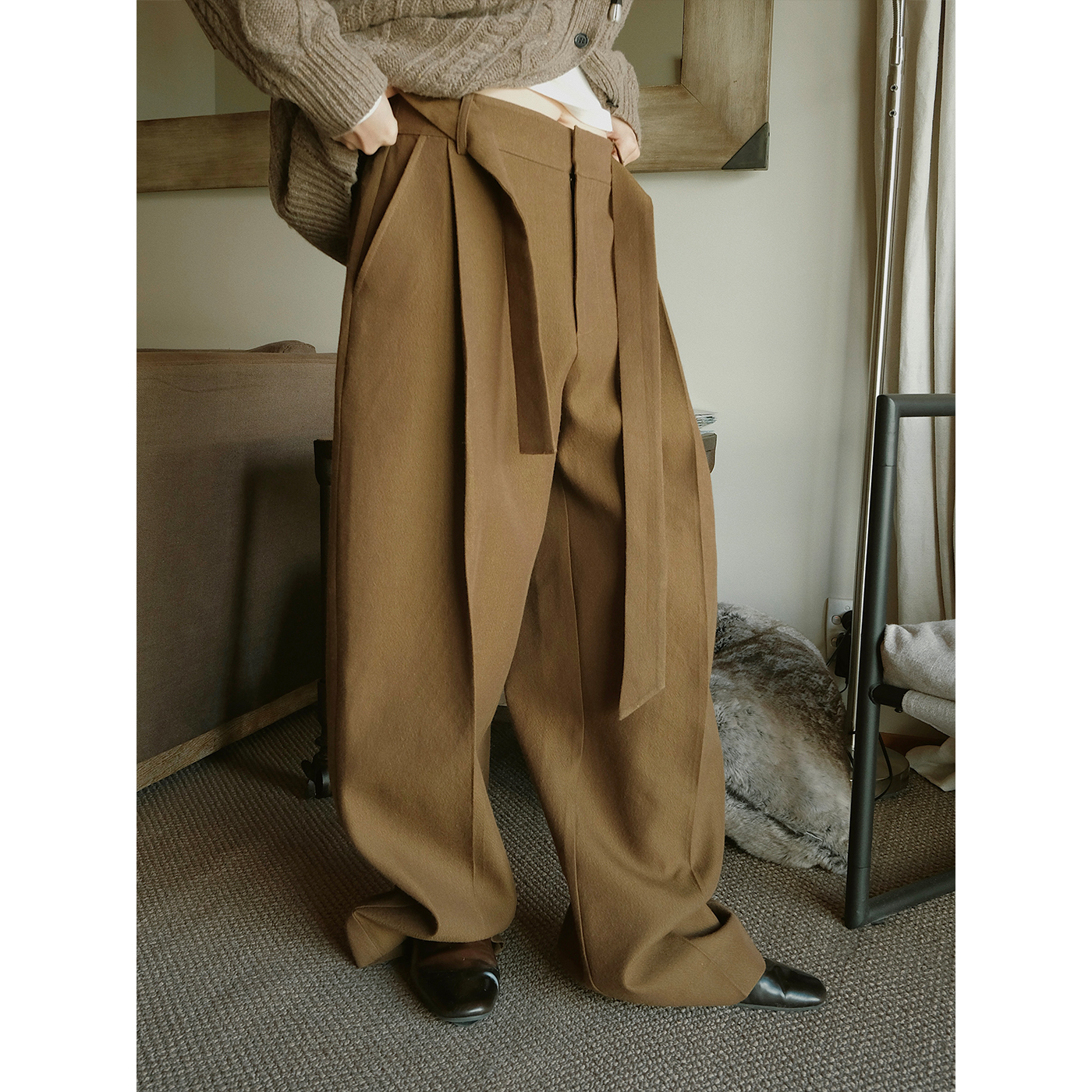 MOERSHOP 黑标系列 老钱姿态高档定制茶棕双色羊毛西裤拖地长裤女