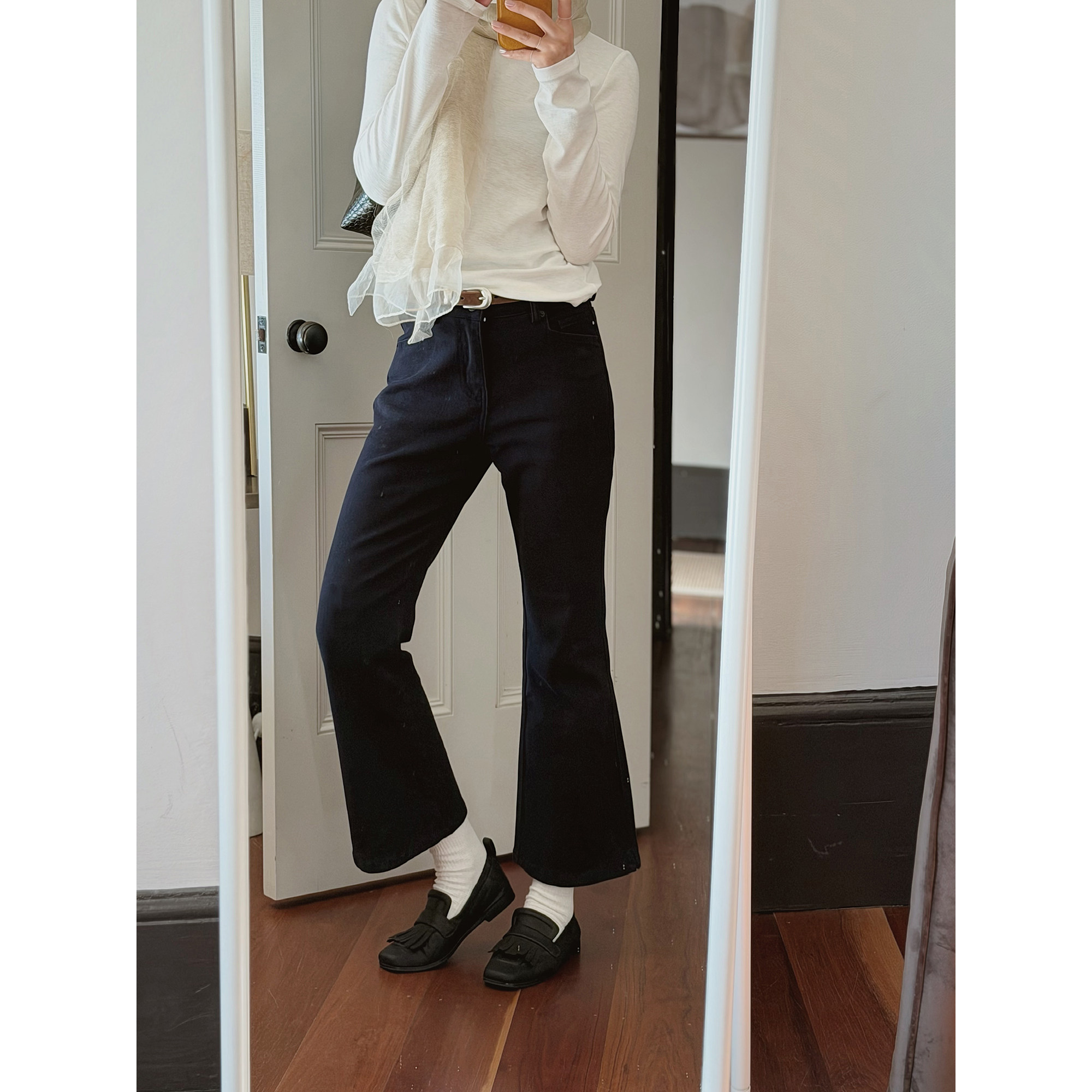 MOERSHOP “大淇超爱穿私服”藏青弹性九分喇叭裤高腰显瘦休闲裤