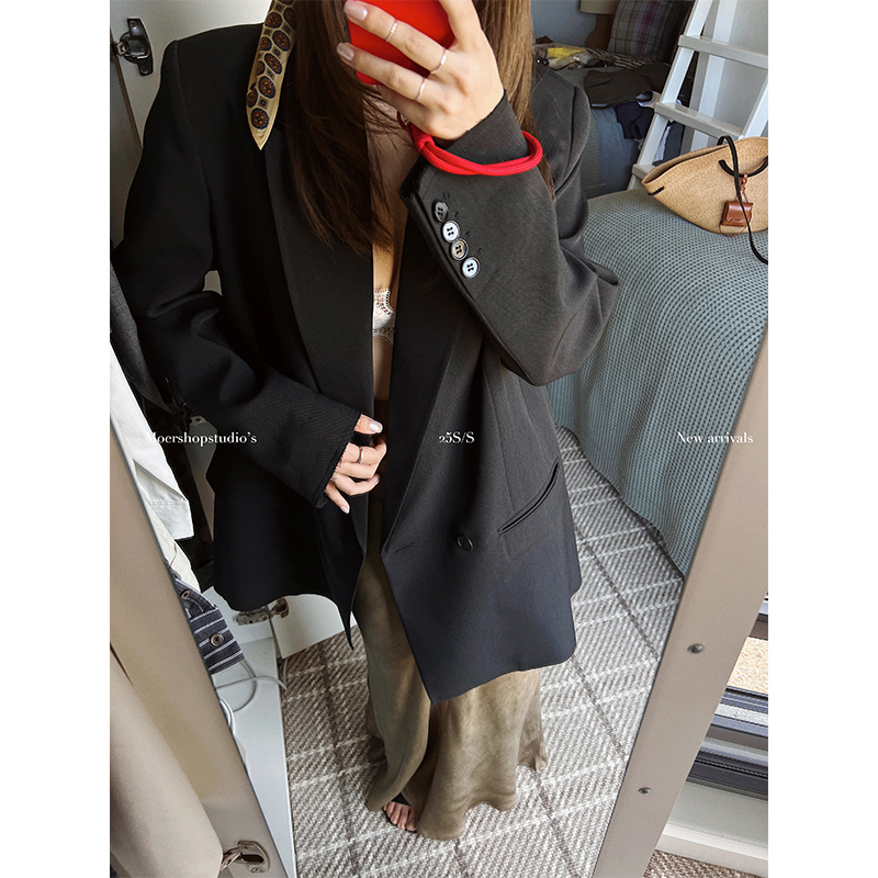 MOERSHOP 高职感Lady 高定醋酸黑色西装外套女廓形宽松休闲上衣春
